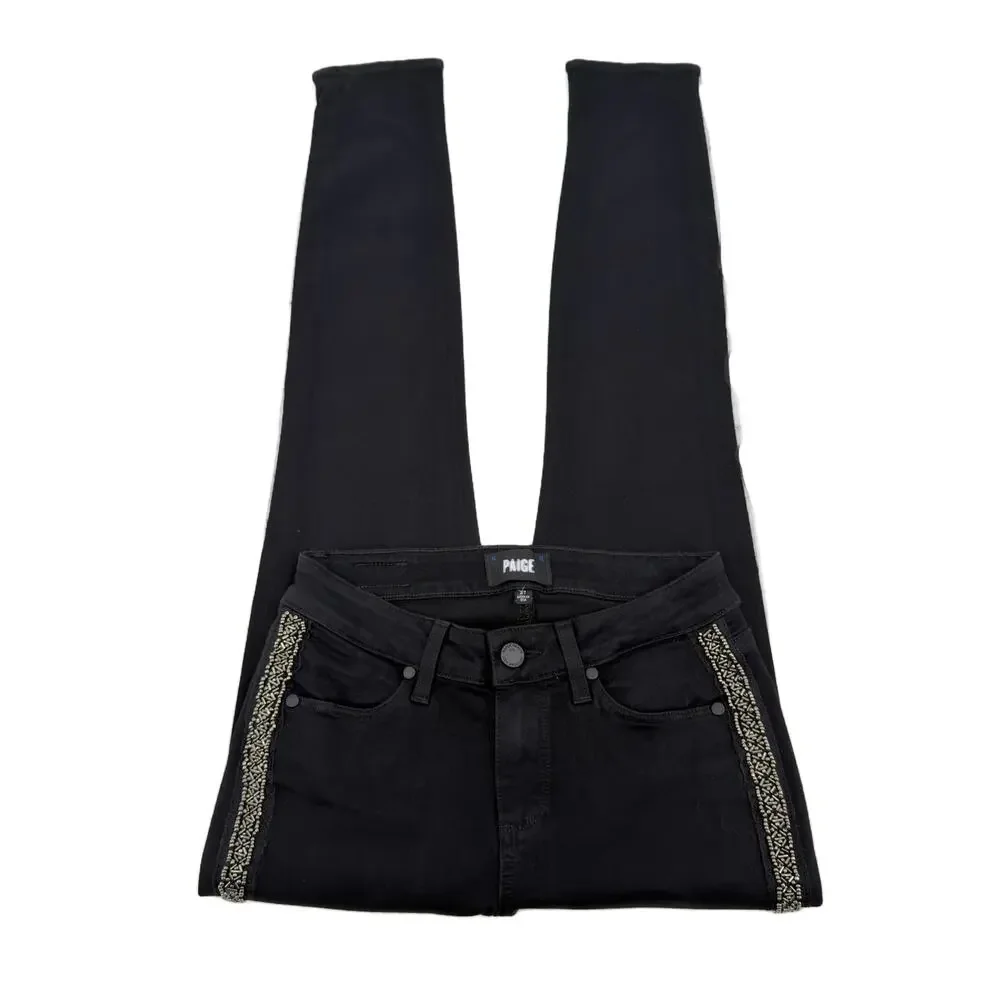 Paige Verdugo Ultra Skinny Tuxedo Side Beading Jeans size 27 Black/Pewter